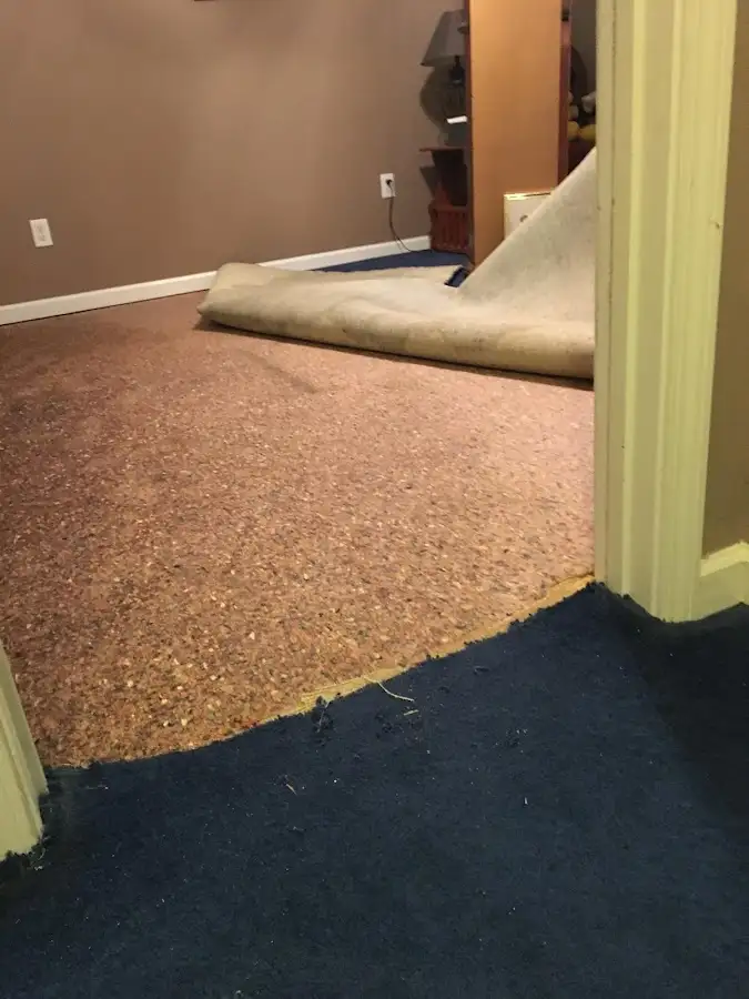 Carpet pad removal revealing water damage during Water Mitigation Services in Durango